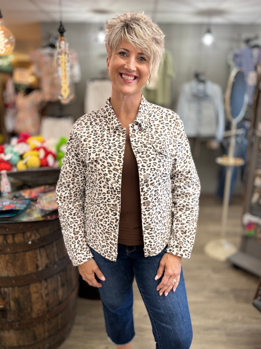 Risen Snow Leopard Jean Jacket-Jackets-Risen-Evergreen Boutique, Women’s Fashion Boutique in Santa Claus, Indiana
