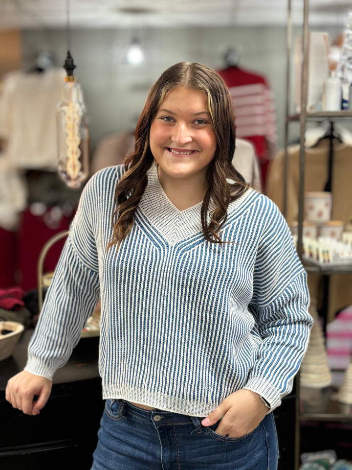 Cranberry Striped Sweater-Sweaters-Hyfve-Evergreen Boutique, Women’s Fashion Boutique in Santa Claus, Indiana