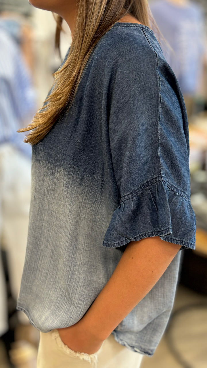 Denim Ruffle Top-Short Sleeves-Mittoshop-Evergreen Boutique, Women’s Fashion Boutique in Santa Claus, Indiana