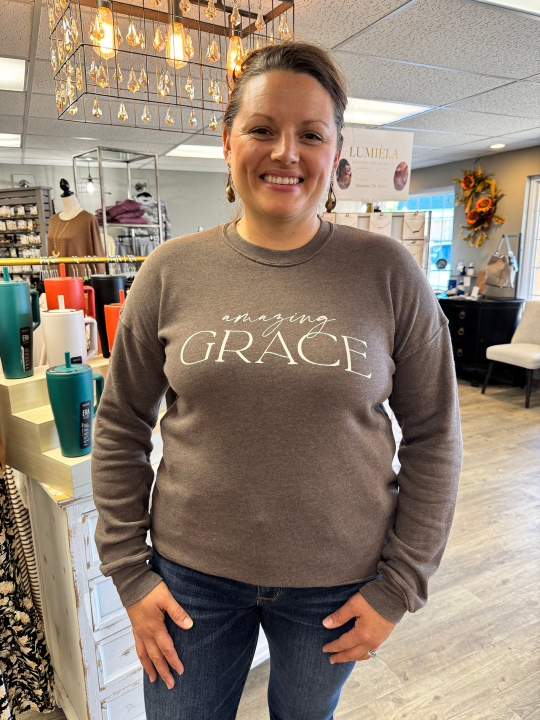 Amazing Grace Mineral Brown Sweatshirt-Tops-HRTandLUV-Evergreen Boutique, Women’s Fashion Boutique in Santa Claus, Indiana