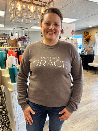 Amazing Grace Mineral Brown Sweatshirt-Tops-HRTandLUV-Evergreen Boutique, Women’s Fashion Boutique in Santa Claus, Indiana