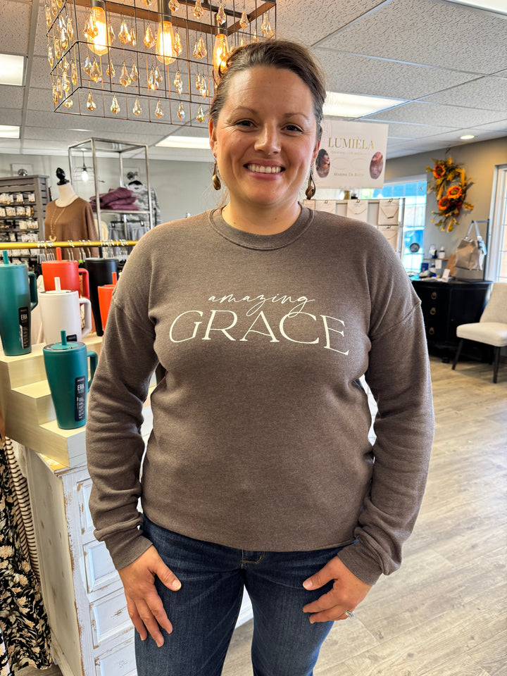 Amazing Grace Mineral Brown Sweatshirt-Tops-HRTandLUV-Evergreen Boutique, Women’s Fashion Boutique in Santa Claus, Indiana