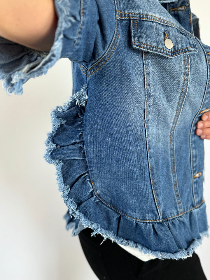 Peacock Blue Raw Edge Ruffled Short Sleeve Denim Jacket-Jackets-Dear Lover-Evergreen Boutique, Women’s Fashion Boutique in Santa Claus, Indiana