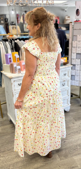Cream Floral Smocked Maxi Dress