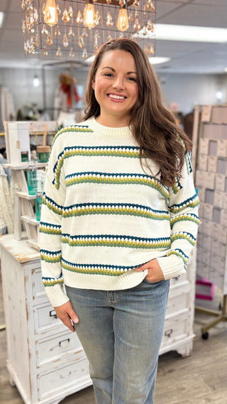 Lightweight teal and olive striped long sleeve sweater from Evergreen Boutique