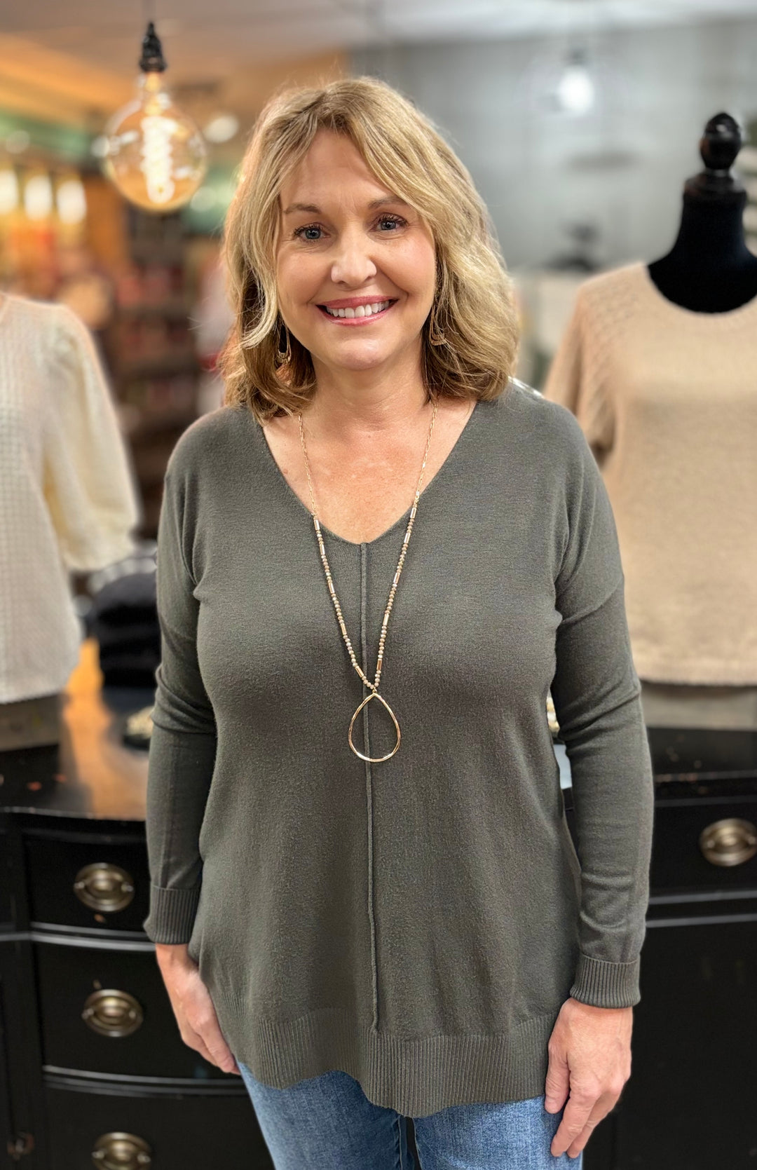 Zenana Hi-Low Hem V-Neck Center Seam Sweater-Sweaters-Zenana-Evergreen Boutique, Women’s Fashion Boutique in Santa Claus, Indiana