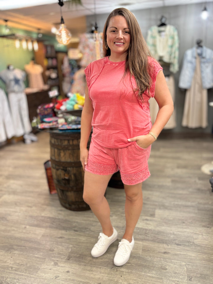 Sangria Sunset Mineral Washed Shorts-Bottoms-J. Her-Evergreen Boutique, Women’s Fashion Boutique in Santa Claus, Indiana