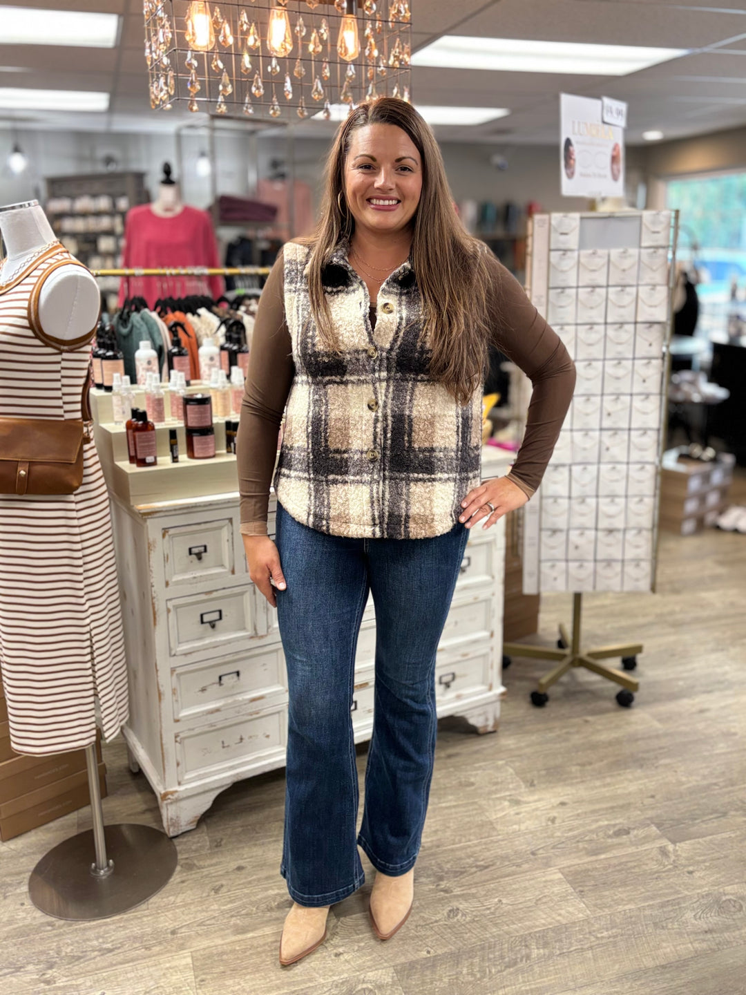 City Lights Plaid Button Down Vest-Tops-Hem & Thread-Evergreen Boutique, Women’s Fashion Boutique in Santa Claus, Indiana