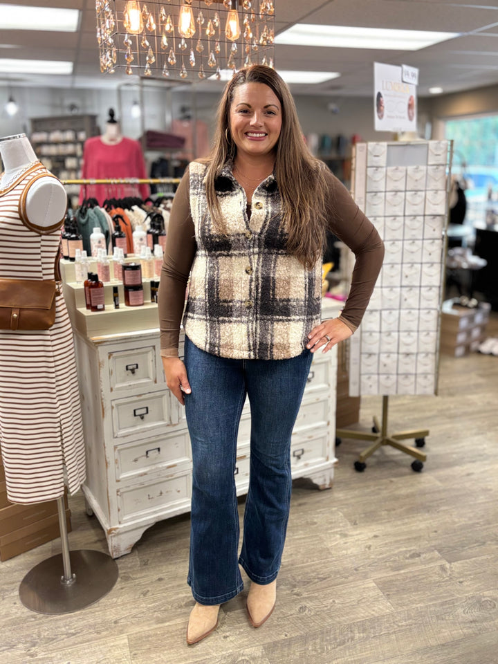 City Lights Plaid Button Down Vest-Tops-Hem & Thread-Evergreen Boutique, Women’s Fashion Boutique in Santa Claus, Indiana