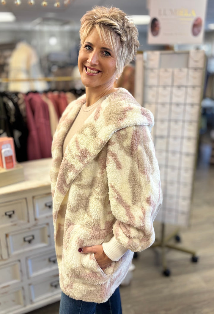 Tickle Me Pink Camo Sherpa Jacket-Tops-Hem & Thread-Evergreen Boutique, Women’s Fashion Boutique in Santa Claus, Indiana