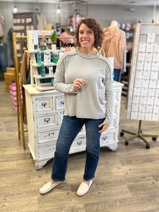 Raised Rib Raw Edge Boat Neck Long Sleeve Top