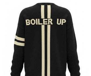 Back of the black Purdue cotton sweater showing the Boiler Up lettering
