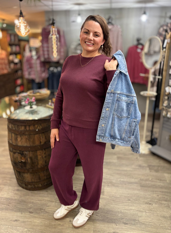 Dark Cherry Lounge Pants-Bottoms-HYFVE-Evergreen Boutique, Women’s Fashion Boutique in Santa Claus, Indiana