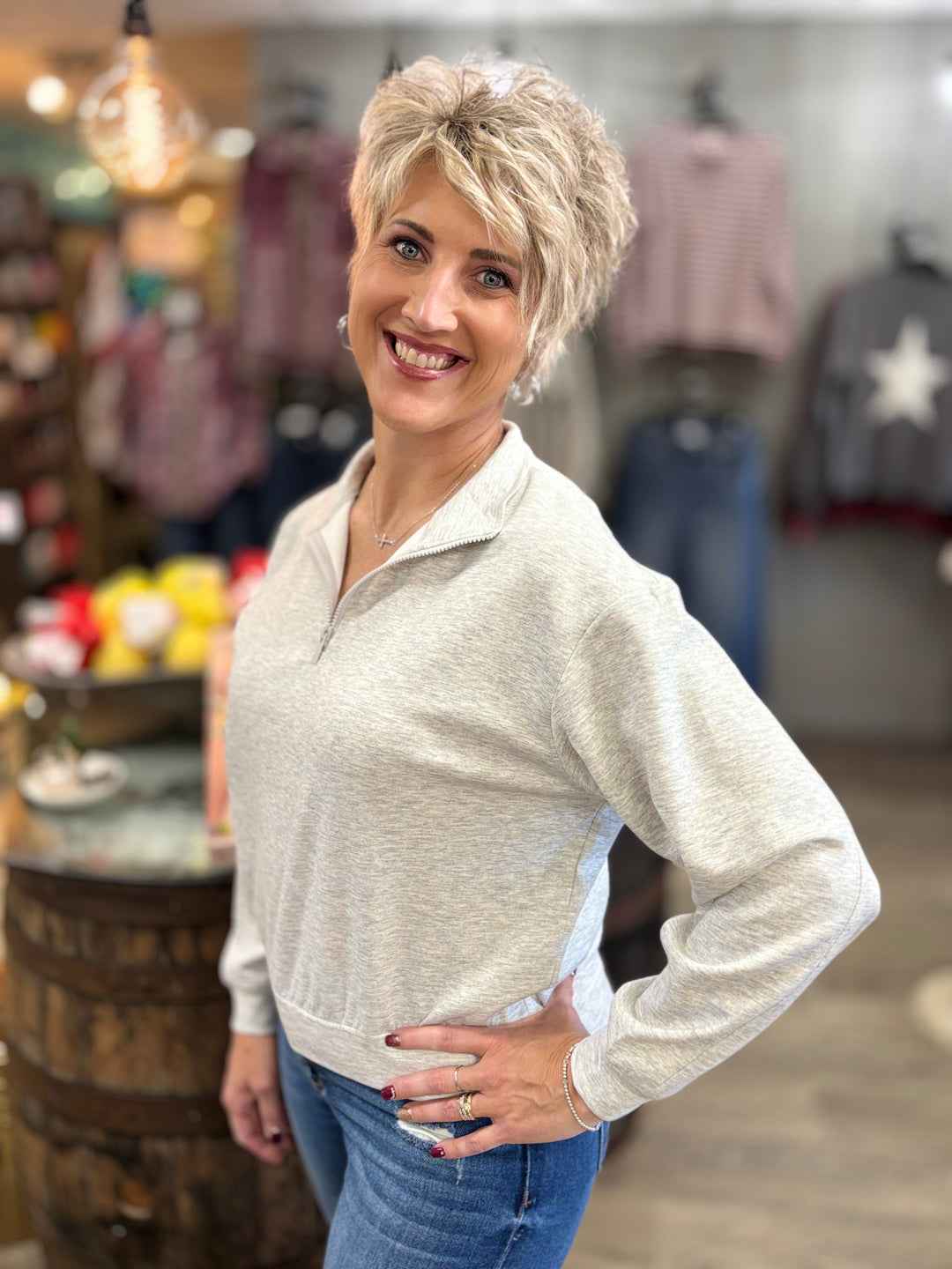 Hit Replay Half Zip Scuba Pullover by Zenana-Tops-Zenana-Evergreen Boutique, Women’s Fashion Boutique in Santa Claus, Indiana