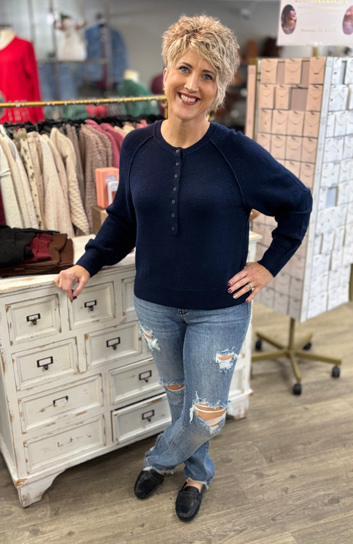 Raglan Sleeve Henley Relaxed Sweater-Tops-Blu Pepper-Evergreen Boutique, Women’s Fashion Boutique in Santa Claus, Indiana