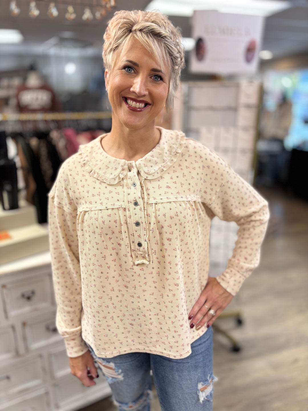 Sweet Pea Thermal Print Top-Tops-Easel-Evergreen Boutique, Women’s Fashion Boutique in Santa Claus, Indiana