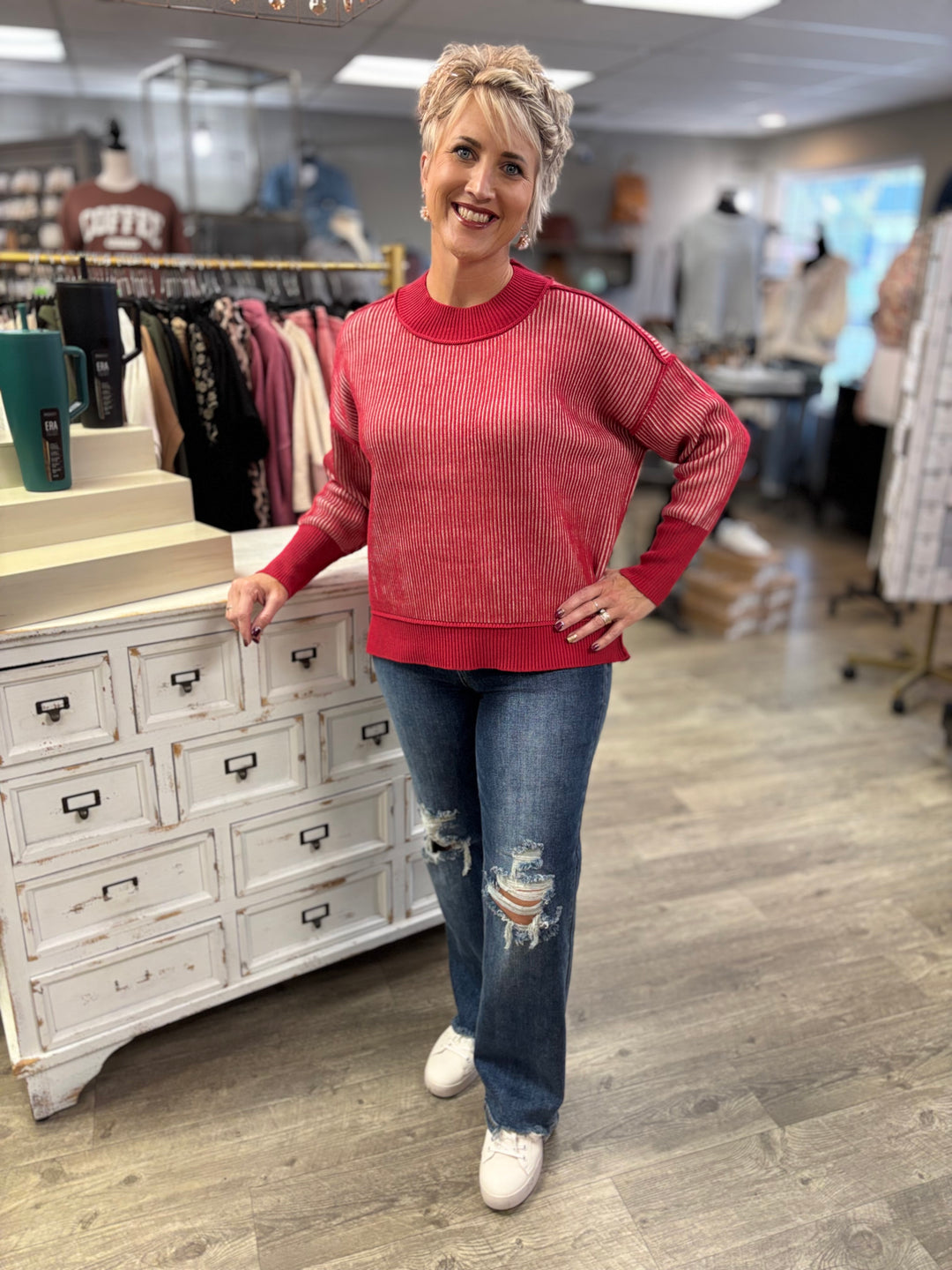 Double Take Exposed Seam Two Tone Sweater-Tops-Zenana-Evergreen Boutique, Women’s Fashion Boutique in Santa Claus, Indiana