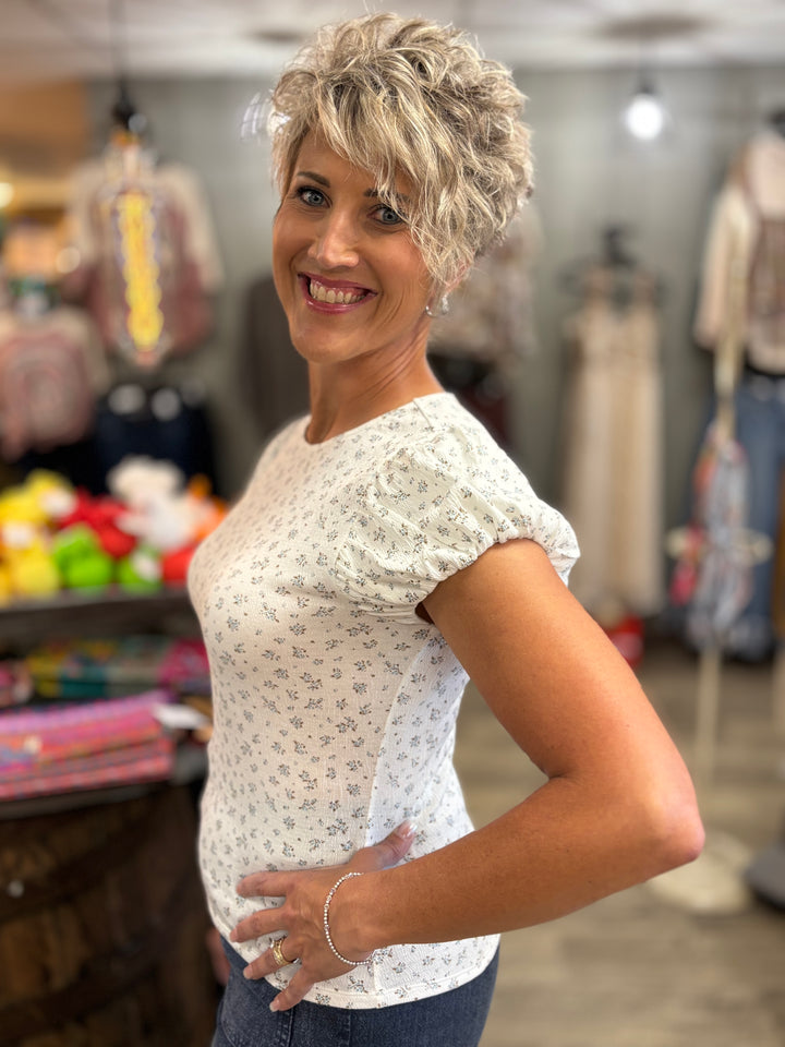 Floral Belle Puff Cap Tee-Tops-Doe and Rae-Evergreen Boutique, Women’s Fashion Boutique in Santa Claus, Indiana