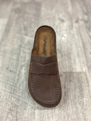 A single espresso brown slip on mule shoe