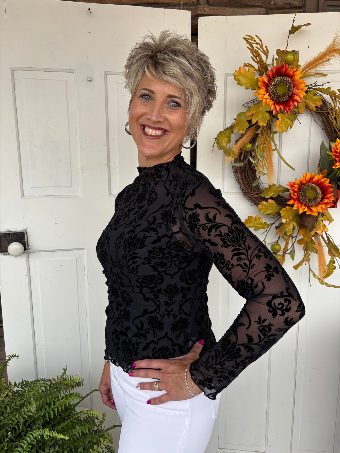 Floral Velvet Sheer Top-Tops-Zutter-Evergreen Boutique, Women’s Fashion Boutique in Santa Claus, Indiana