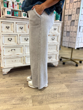 Model wearing sleet colored sweatpants