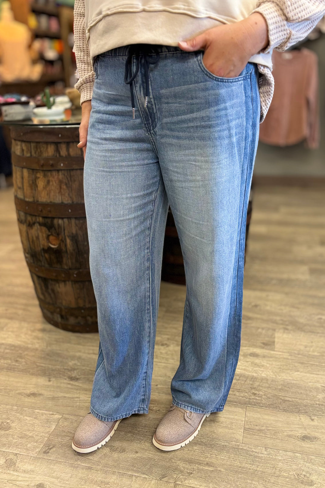 Judy Blue High Waist Wilhemina Elastic Waistband & Side Panel Denim Jeans-Bottoms-Judy Blue-Evergreen Boutique, Women’s Fashion Boutique in Santa Claus, Indiana