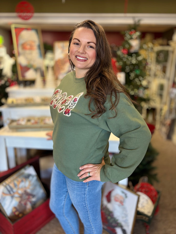 Noel Faux Yarn Graphic Holiday Sweatshirt-Tops-LICT Apparel-Evergreen Boutique, Women’s Fashion Boutique in Santa Claus, Indiana