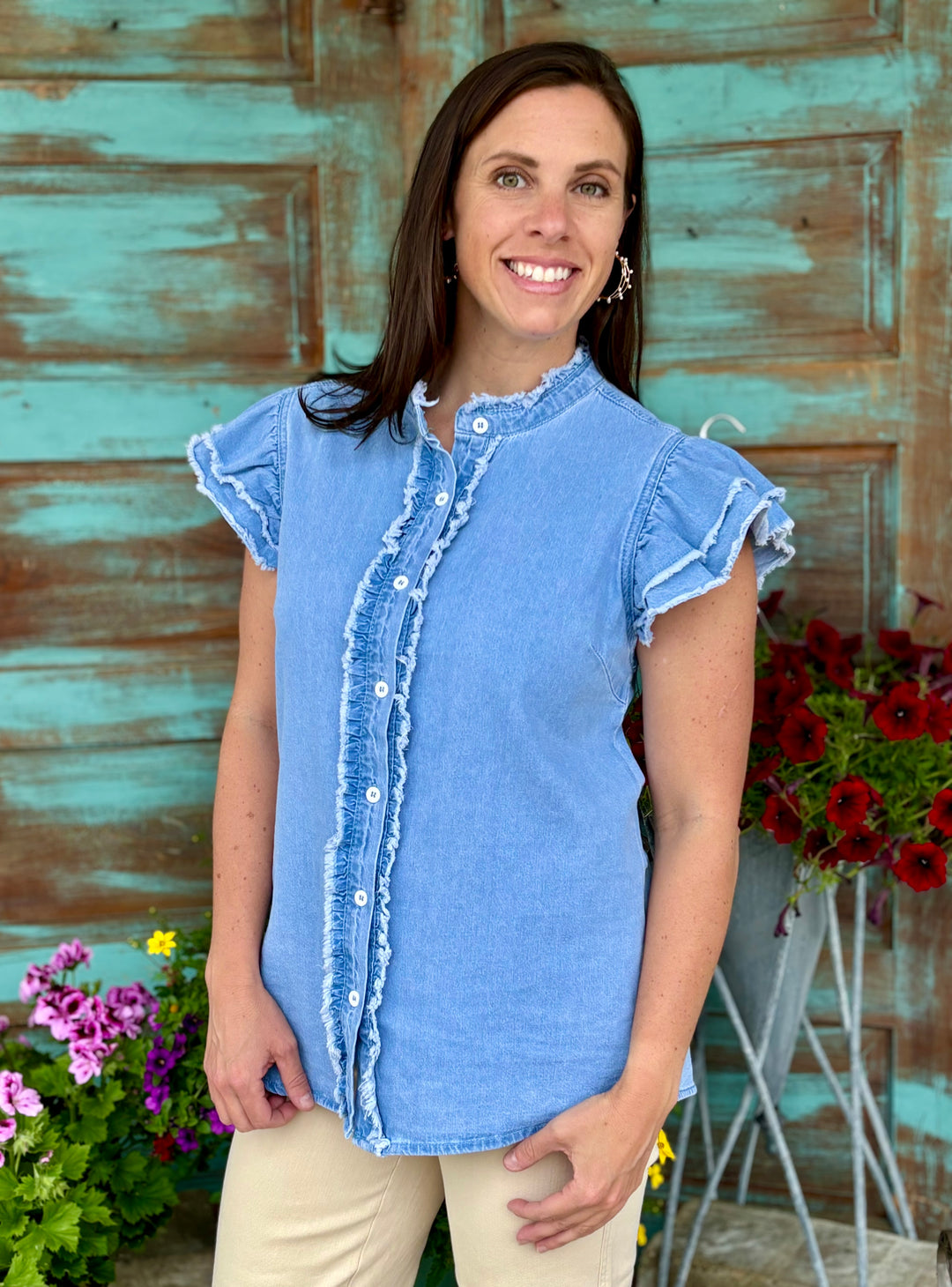 Baby One More Time Denim Top-Short Sleeves-Dear Lover-Evergreen Boutique, Women’s Fashion Boutique in Santa Claus, Indiana