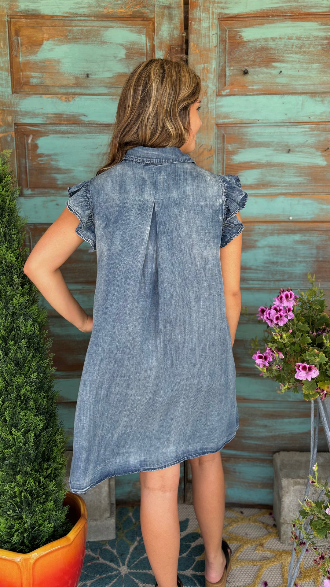 Avery Denim Ruffle Dress-Dresses-Mittoshop-Evergreen Boutique, Women’s Fashion Boutique in Santa Claus, Indiana