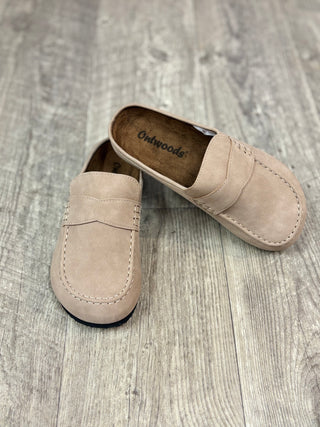 A pair of taupe slip on mule shoes