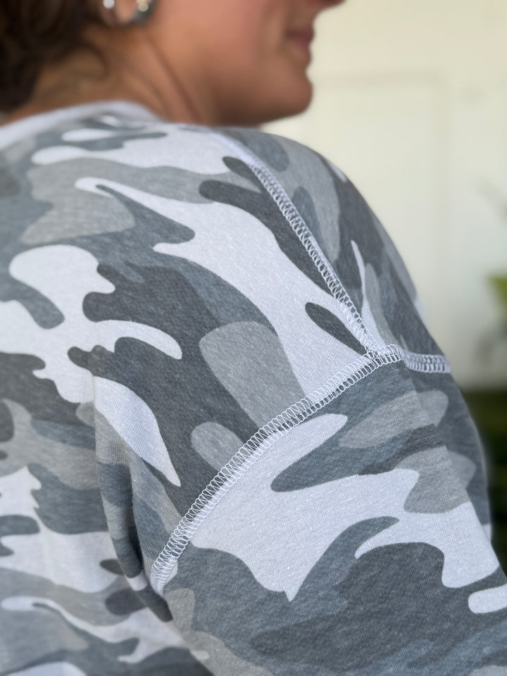 Camo French Terry Crew Neck-Tops-Timing-Evergreen Boutique, Women’s Fashion Boutique in Santa Claus, Indiana