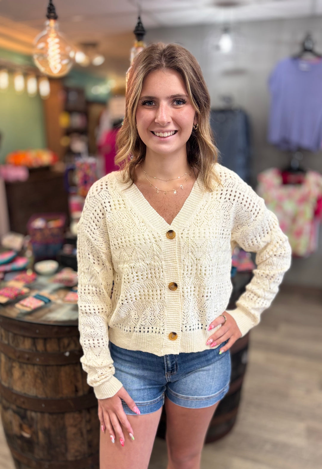 Sweet Pointelle Cardigan-Tops-Doe and Rae-Evergreen Boutique, Women’s Fashion Boutique in Santa Claus, Indiana
