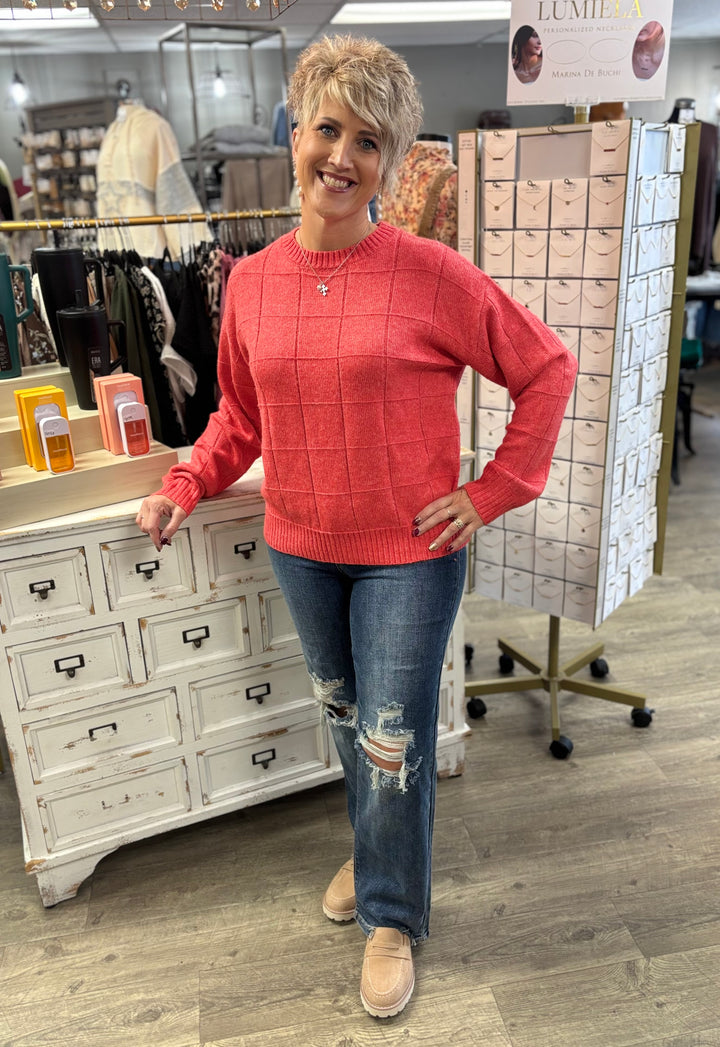 Windowpane Two Tone Knit Sweater-Tops-La Miel-Evergreen Boutique, Women’s Fashion Boutique in Santa Claus, Indiana