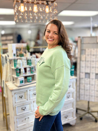 Jolly graphic crew neck sweatshirt in sage, plush sponge fleece
