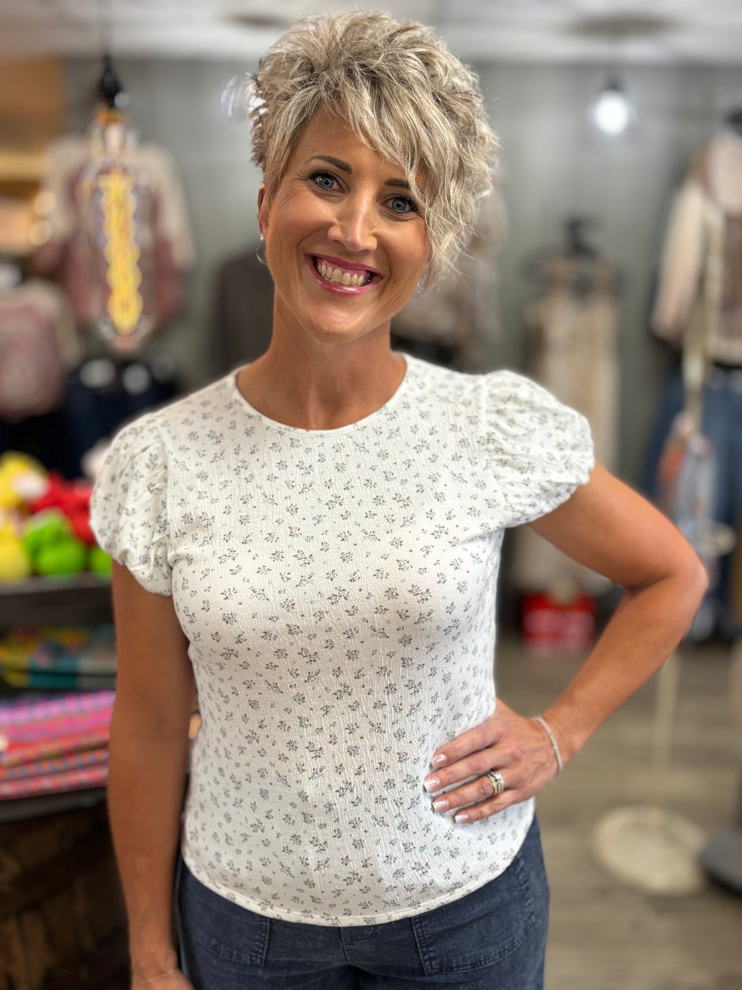 Floral Belle Puff Cap Tee-Tops-Doe and Rae-Evergreen Boutique, Women’s Fashion Boutique in Santa Claus, Indiana