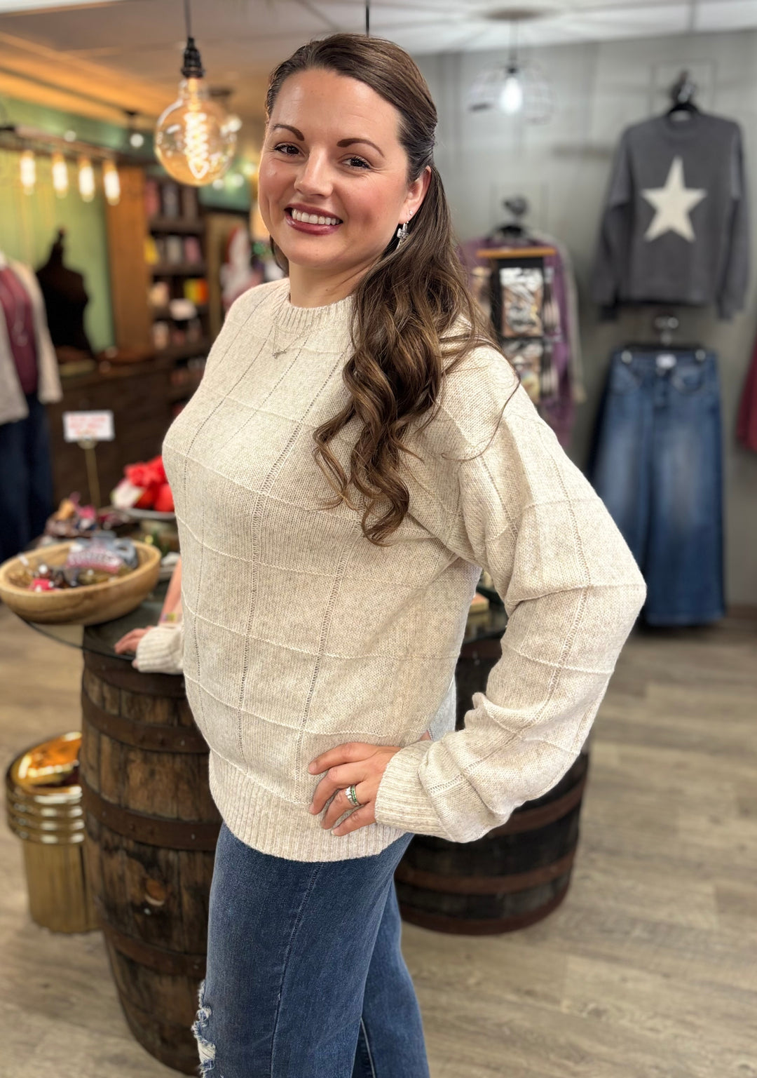 Windowpane Two Tone Knit Sweater-Tops-La Miel-Evergreen Boutique, Women’s Fashion Boutique in Santa Claus, Indiana