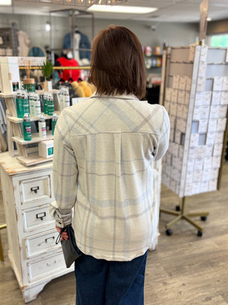 Back view of the white, grey and light blue Silver Lining Plaid Button Up Flannel