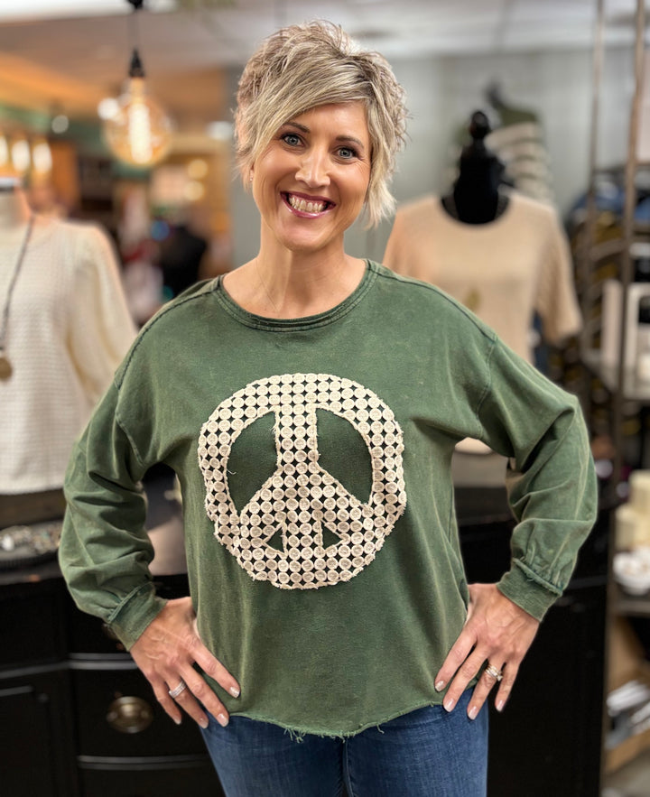 Penelope Lace Peace Top-Sweatshirts-Umgee-Evergreen Boutique, Women’s Fashion Boutique in Santa Claus, Indiana