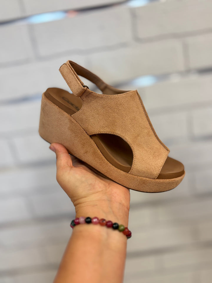 Corkys Carley Too Wedges, Black, Camel Faux Suede-Sandals-Corkys-Evergreen Boutique, Women’s Fashion Boutique in Santa Claus, Indiana