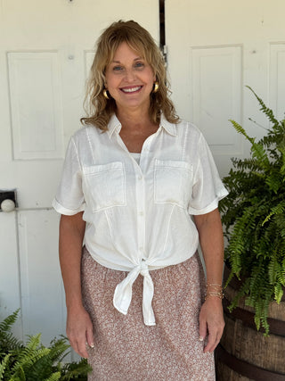 Maisie Tie Front Button Down Shirt-tops-Hem & Thread-Evergreen Boutique, Women’s Fashion Boutique in Santa Claus, Indiana