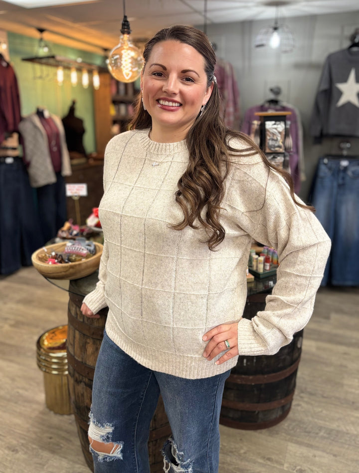 Windowpane Two Tone Knit Sweater-Tops-La Miel-Evergreen Boutique, Women’s Fashion Boutique in Santa Claus, Indiana