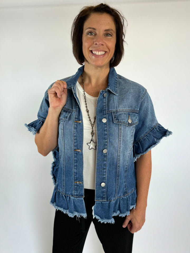 Peacock Blue Raw Edge Ruffled Short Sleeve Denim Jacket-Jackets-Dear Lover-Evergreen Boutique, Women’s Fashion Boutique in Santa Claus, Indiana