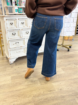 Judy Blue High Waist Tummy Control Claudia Ankle Wide Deep Indigo Denim Jeans