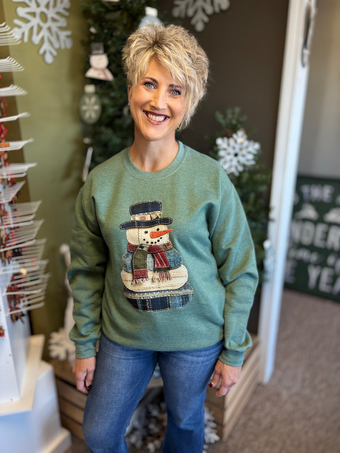 Patchwork Snowman Sweatshirt-Tops-Trendy Tee Co.-Evergreen Boutique, Women’s Fashion Boutique in Santa Claus, Indiana