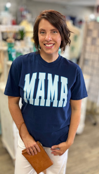 Model wearing navy ‘MAMA’ tee shirt