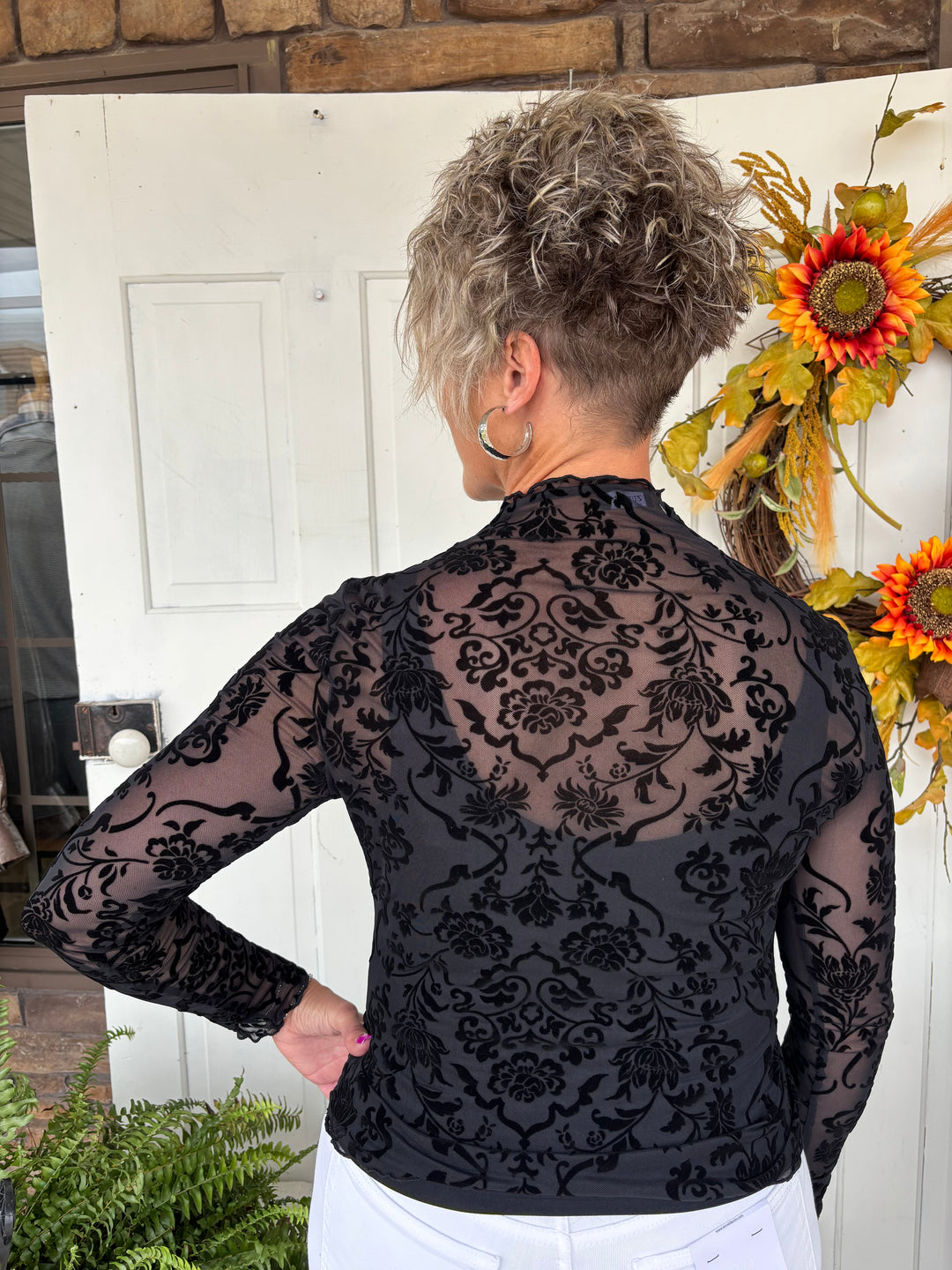 Floral Velvet Sheer Top-Tops-Zutter-Evergreen Boutique, Women’s Fashion Boutique in Santa Claus, Indiana