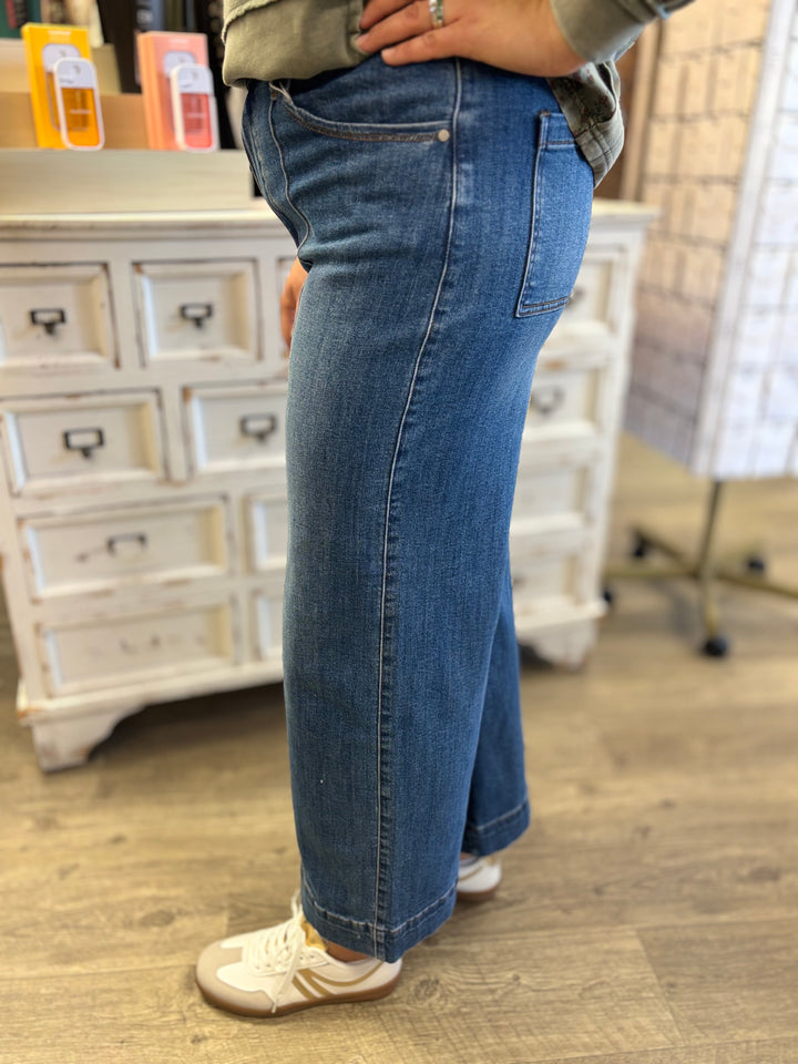 The McKenna High Rise Pin Tuck Detail Wide Leg Jean-Bottoms-Anniewear-Evergreen Boutique, Women’s Fashion Boutique in Santa Claus, Indiana