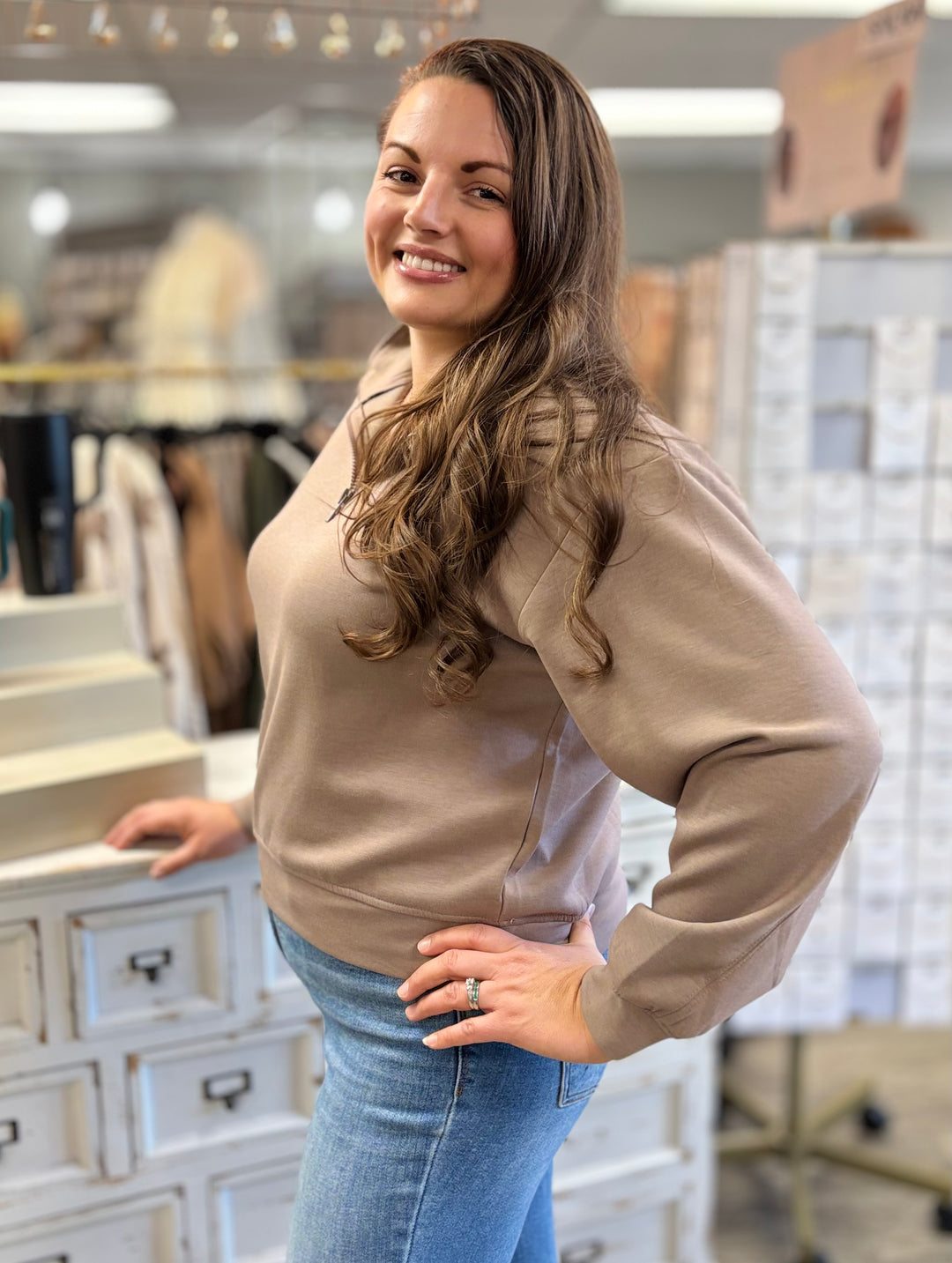 Hit Replay Half Zip Scuba Pullover by Zenana-Tops-Zenana-Evergreen Boutique, Women’s Fashion Boutique in Santa Claus, Indiana