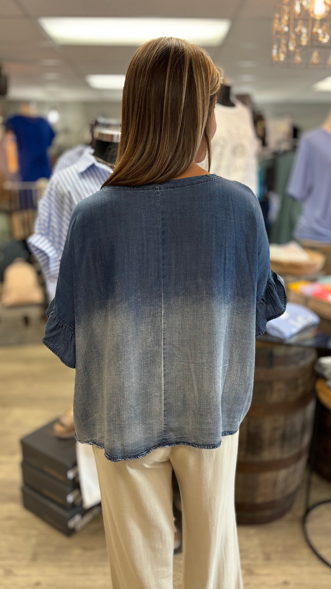 Denim Ruffle Top-Short Sleeves-Mittoshop-Evergreen Boutique, Women’s Fashion Boutique in Santa Claus, Indiana