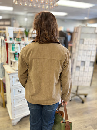 Back view of the Hay There taupe corduroy barn jacket with a chocolate brown corduroy collar and relaxed, oversized fit